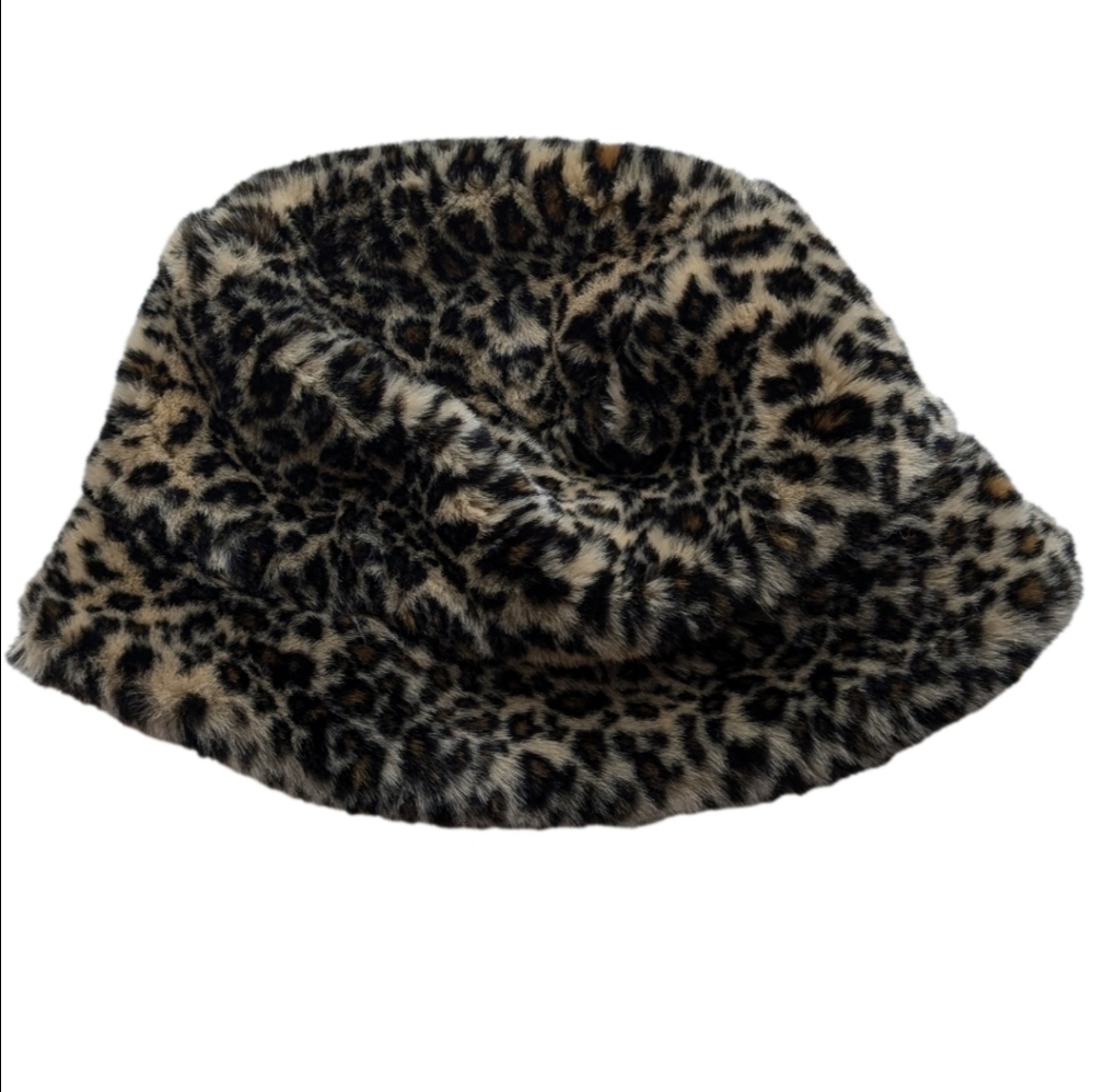 Vintage fake fur leopard print bucket hat quilted sz L